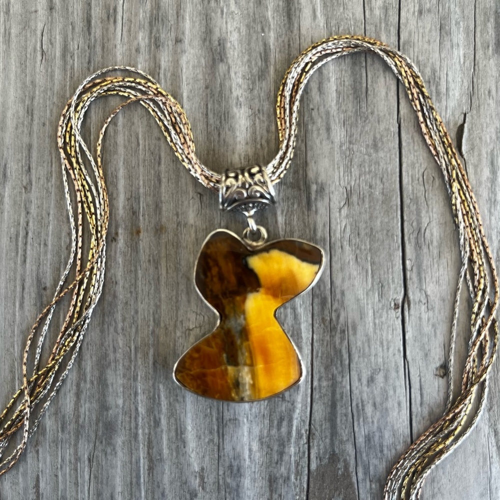 Real gold petrified wood pendant and mult-metal chain 14k gold + 925 silver